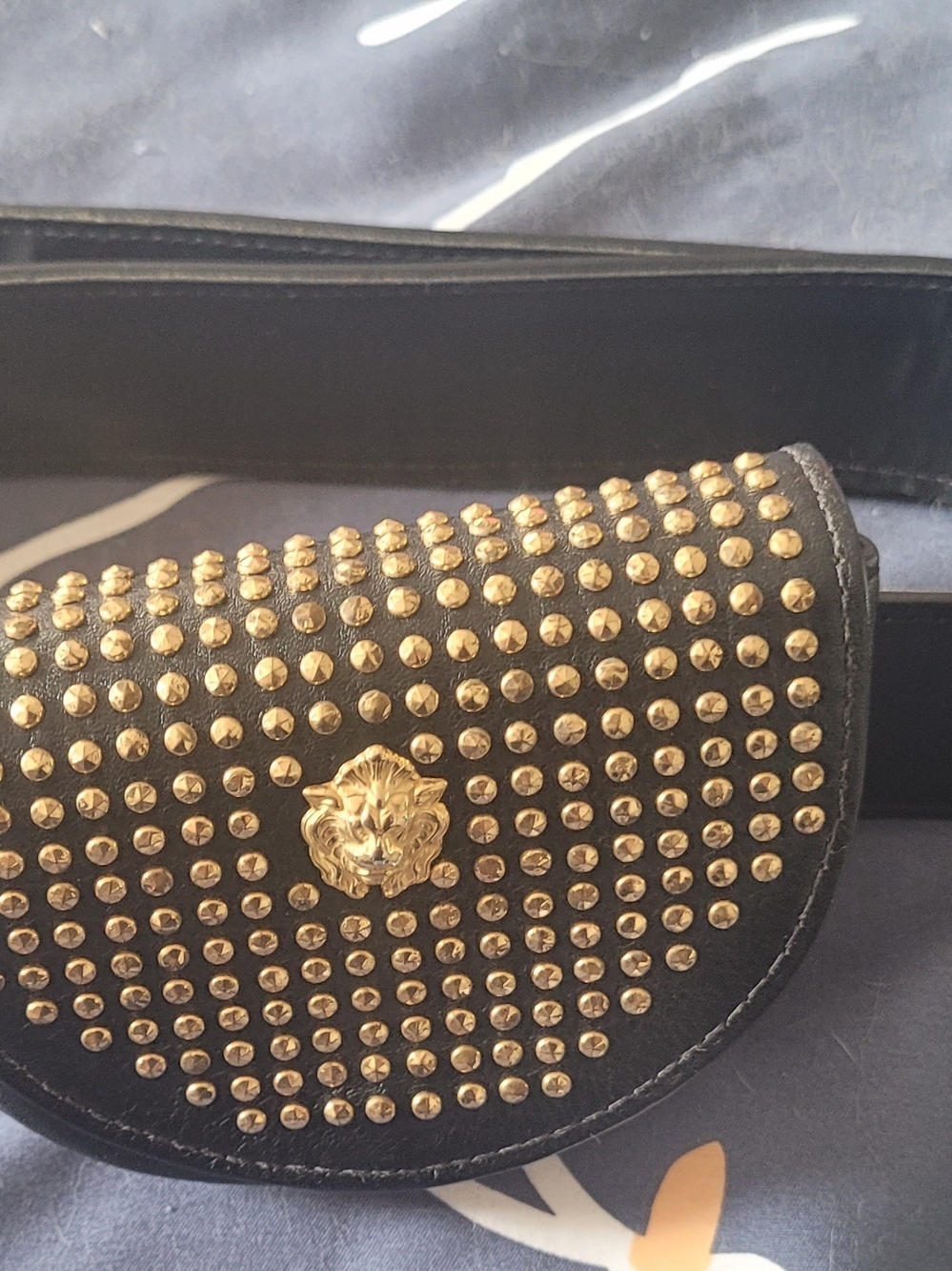 Black Studded Belt Bag with Gold Lion Emblem